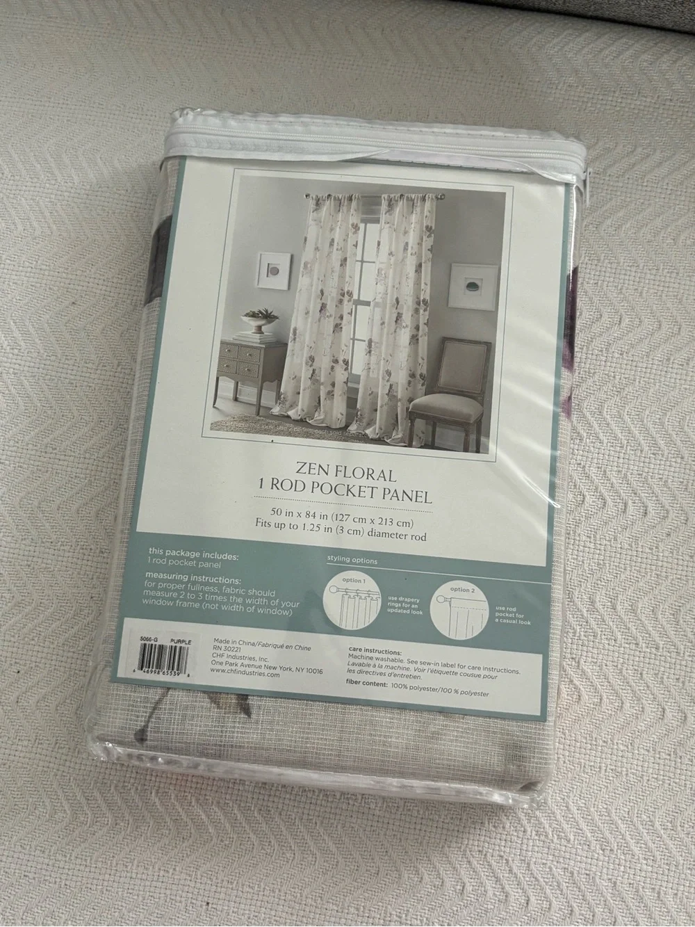 🦋iHome Zen Floral One Rod Pocket Curtain Panel - White with Purple Floral 2 pack